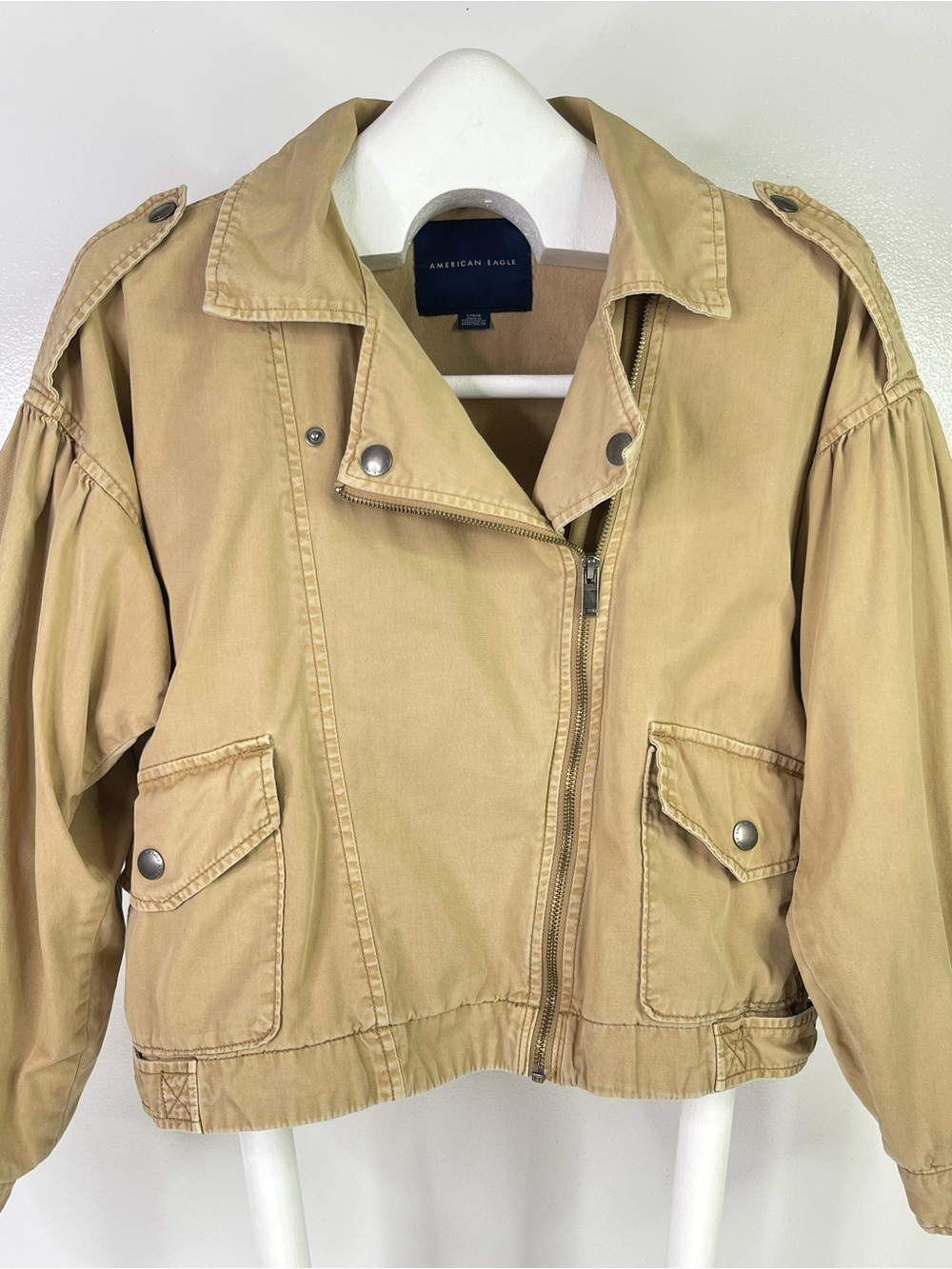 American Eagle Cropped Moto Bomber Utility Jacket Khaki Tan Size L